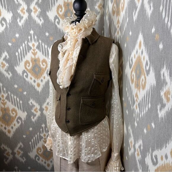Ralph Lauren Olive Herringbone and Leather Gilet Waistcoat Vest - Picture 2 of 16